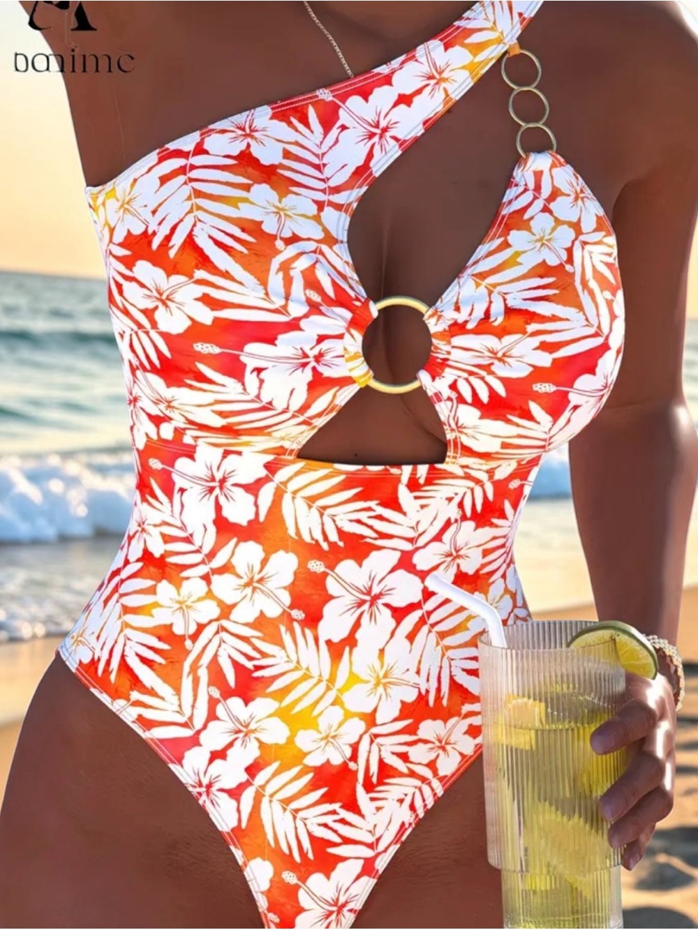One-Shoulder Orange Floral Ring-Front One-Piece Swimsuit